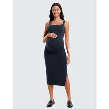 CRZ YOGA Women Butterluxe Sleeveless Tank Maternity Dress Split Ruched Pregnancy Square Neck Bodycon Casual Baby Shower True Navy Small