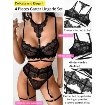 Kaei&Shi Garter Lingerie Set for Women – Sexy Floral Lace, 4 Pc with Choker Belt, Black, Small