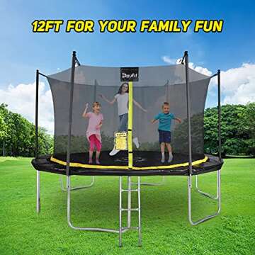 Doufit Upgraded 8FT 10FT 12FT 15FT Trampolines with Enclosure Net and Ladder, ASTM Approved Outdoor High-Capacity Family Yard Recreational Trampoline for Kids & Adults with PVC Cover & Wind Stake
