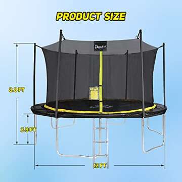 Doufit Upgraded 8FT 10FT 12FT 15FT Trampolines with Enclosure Net and Ladder, ASTM Approved Outdoor High-Capacity Family Yard Recreational Trampoline for Kids & Adults with PVC Cover & Wind Stake