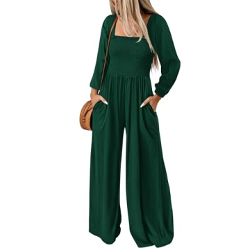 KIRUNDO Women's 2024 Fall Long Sleeve Jumpsuits Casual Dressy One Piece Loose Smocked Wide Leg Pants...
