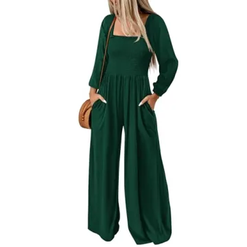 KIRUNDO Women's 2024 Fall Long Sleeve Jumpsuits Casual Dressy One Piece Loose Smocked Wide Leg Pants...