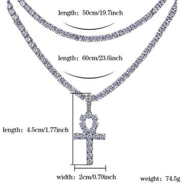 JINAO Silver Plated Iced Out Egyptian Ankh Cross Simulated Diamond Pendant Necklace with Stainless Rope Chain