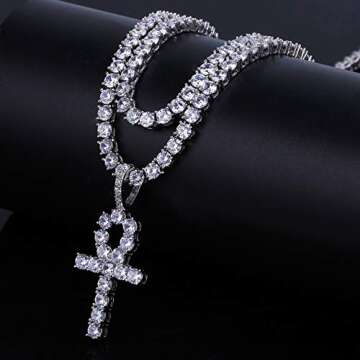 JINAO Silver Plated Iced Out Egyptian Ankh Cross Simulated Diamond Pendant Necklace with Stainless Rope Chain
