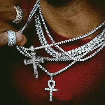 JINAO Silver Plated Iced Out Egyptian Ankh Cross Simulated Diamond Pendant Necklace with Stainless Rope Chain