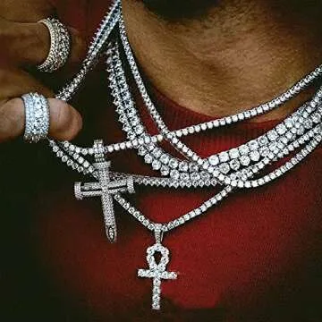 JINAO Silver Plated Iced Out Egyptian Ankh Cross Simulated Diamond Pendant Necklace with Stainless Rope Chain