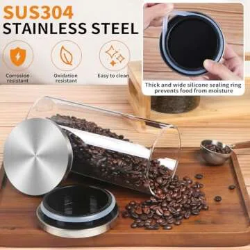 DTUQY Coffee Canister Set 3-Pack 45OZ: Airtight Coffee Containers for Ground Coffee & Beans, Stainless Steel Lid, 2 Scoops & Wooden Holder, Coffee Storage for Coffee Lovers