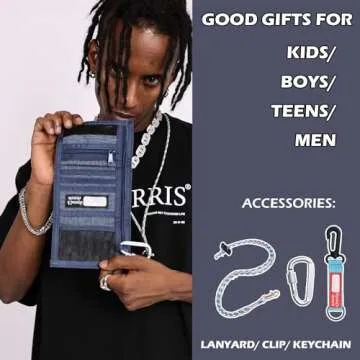Rough Enough Kids Wallet for Boys Teen Men with Neck Lanyard Keychain in Cool Classic Denim Blue Canvas