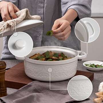 FUN ELEMENTS Casserole Dish, 2 Quart Lace Emboss Casserole Dish with Lid, Oven to Table Ceramic Round Serving Dish with Handles for Dinner and Party( Bright White)