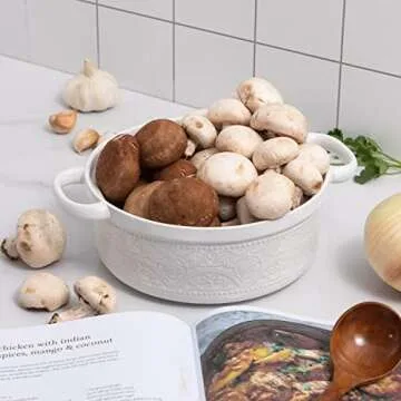 FUN ELEMENTS Casserole Dish, 2 Quart Lace Emboss Casserole Dish with Lid, Oven to Table Ceramic Round Serving Dish with Handles for Dinner and Party( Bright White)