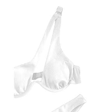 Lilosy Sexy Underwire Push Up Ribbed Cutout One Shoulder High Cut Leg Thong Brazilian Bikini Swimsuit Set Women Cheeky Bottom Bathing Suit 2 Two Piece White Medium