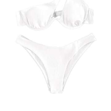 Lilosy Sexy Underwire Push Up Ribbed Cutout One Shoulder High Cut Leg Thong Brazilian Bikini Swimsuit Set Women Cheeky Bottom Bathing Suit 2 Two Piece White Medium