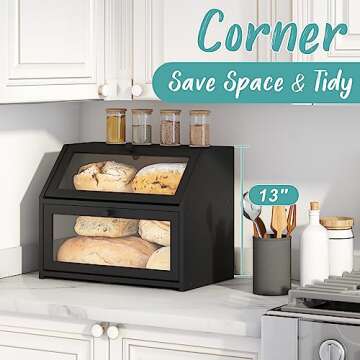 Vriccc Black Bread Box for Kitchen Counter, Large Bread Storage Container, Double Layer Bamboo Woode...