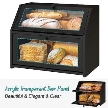 Vriccc Black Bread Box for Kitchen Counter, Large Bread Storage Container, Double Layer Bamboo Wooden Large Capacity Bread Storage Bin