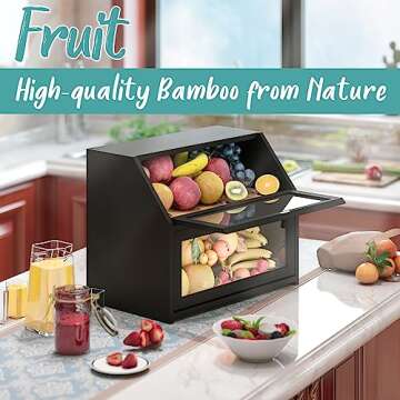 Vriccc Black Bread Box for Kitchen Counter, Large Bread Storage Container, Double Layer Bamboo Wooden Large Capacity Bread Storage Bin