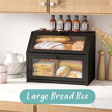 Vriccc Black Bread Box for Kitchen Counter, Large Bread Storage Container, Double Layer Bamboo Wooden Large Capacity Bread Storage Bin