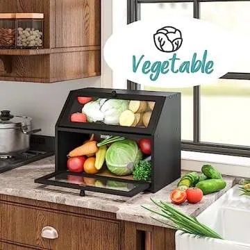 Vriccc Black Bread Box for Kitchen Counter, Large Bread Storage Container, Double Layer Bamboo Wooden Large Capacity Bread Storage Bin