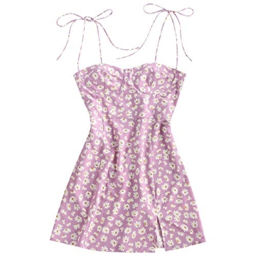 ZAFUL Women's Cherry Print Tie Shoulder Sleeveless Flare Beach Cami Mini Dress (Mauve, S)