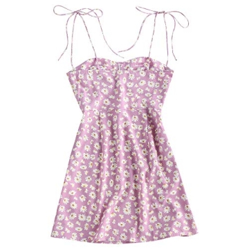 ZAFUL Women's Cherry Print Tie Shoulder Sleeveless Flare Beach Cami Mini Dress (Mauve, S)