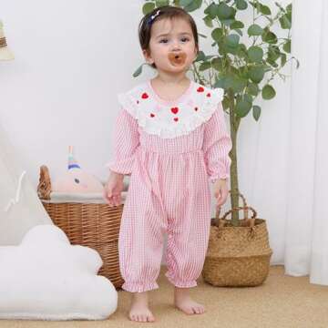 mlpeerw Valentines Baby Girl Outfit Newborn Heart Smocked Romper Jumpsuit Cute 1st Valentines Spring...