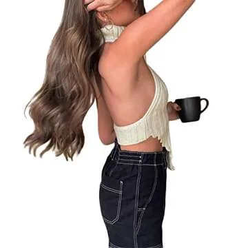 Women Sleeveless Knit Crop Tank Tops Backless Halter Turtleneck Irregular Vest Tops Fashion High Street Style White