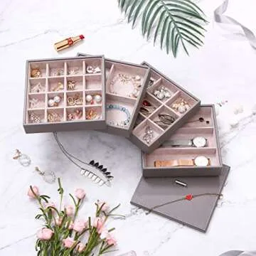 BEWISHOME Jewelry Organizer Tray Stackable Earring Storage Trays with Lid for Dresser Jewelry Box Organizer with 4 Watch Case Removable Tray