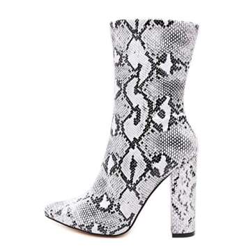 Stupmary Women's Chunky Heels Pointed Toe Ankle Bootie High Heeled Winter Boots Snake Print