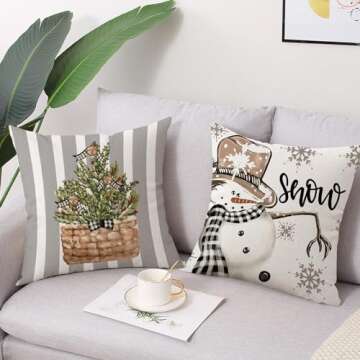 Coeufuedy Christmas Stripe Pillow Covers 18x18 Inch Set of 4 Snowman Reindeer Gloves Eucalyptus Wint...