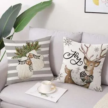 Coeufuedy Christmas Stripe Pillow Covers 18x18 Inch Set of 4 Snowman Reindeer Gloves Eucalyptus Winter Holiday Decorative Farmhouse Cushion Covers for Sofa Couch Living Room