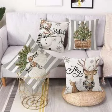 Coeufuedy Christmas Stripe Pillow Covers 18x18 Inch Set of 4 Snowman Reindeer Gloves Eucalyptus Winter Holiday Decorative Farmhouse Cushion Covers for Sofa Couch Living Room
