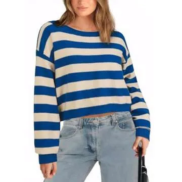 FAIRY SEASON Womens Striped Cropped Sweater Off The Shoulder Oversized Long Batwing Sleeve Color Blo...