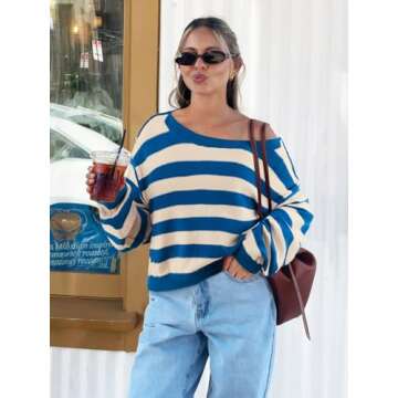 FAIRY SEASON Womens Striped Cropped Sweater Off The Shoulder Oversized Long Batwing Sleeve Color Block Knit Pullover Sweaters Fall Blue