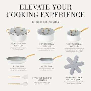 White and Gold Pots and Pans 15 PC Set - Premium Heavy Gauge Nonstick, Non Toxic, PFOA Free, Oven an...