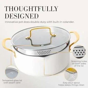 White and Gold Pots and Pans 15 PC Set - Premium Heavy Gauge Nonstick, Non Toxic, PFOA Free, Oven and Dishwasher Safe, Induction Compatible Cookware Set - Gold Kitchen Accessories