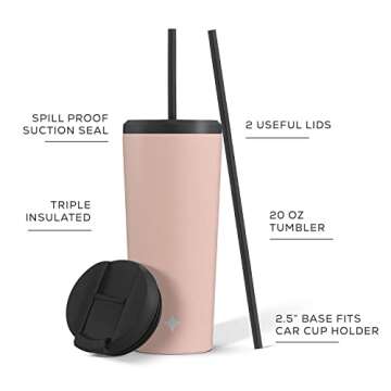 JoyJolt Triple Insulated 20oz Tumbler with Lid and Straw (2 Each) Vacuum Double Wall Stainless Steel Tumbler, Copper Lined for 12Hr Hold/Cold Drinks. Leakproof Water Bottle, Tea or Iced Coffee Cup