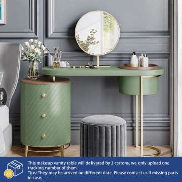 POVISON Luxury Vanity Makeup Desk with Mirror and Lights, 43" Modern Makeup Table with 3 Solid Wood ...