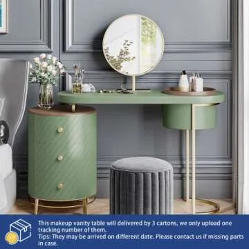 POVISON Luxury Vanity Makeup Desk with Mirror and Lights, 43" Modern Makeup Table with 3 Solid Wood ...