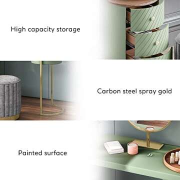 POVISON Luxury Vanity Makeup Desk with Mirror and Lights, 43" Modern Makeup Table with 3 Solid Wood Drawers, Partially Assembled, Dressing Table with Movable Tray Top for Bedroom Without Stool, Green