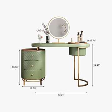 POVISON Luxury Vanity Makeup Desk with Mirror and Lights, 43" Modern Makeup Table with 3 Solid Wood Drawers, Partially Assembled, Dressing Table with Movable Tray Top for Bedroom Without Stool, Green