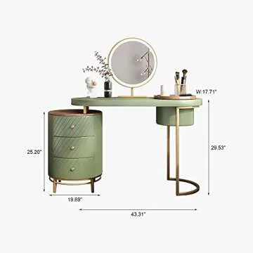 POVISON Luxury Vanity Makeup Desk with Mirror and Lights, 43" Modern Makeup Table with 3 Solid Wood Drawers, Partially Assembled, Dressing Table with Movable Tray Top for Bedroom Without Stool, Green