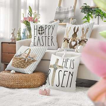 GEEORY Happy Easter Throw Pillow Covers 18x18 Set of 4 Easter Decorations for Home Bunny He is Risen Cross Eggs Decorative Spring Home Decor for Sofa Couch G209-18