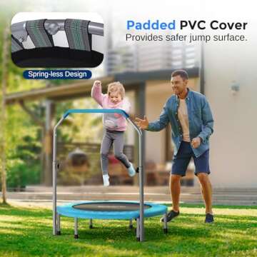 SereneLife 40" Foldable Mini Trampoline - Compact Fitness Trampoline for Kids Adults, Exercise Rebounder with Adjustable Foam Handle, Indoor/Garden Workout Equipment, Max Load 200 lbs, Sky Blue