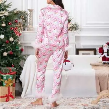 Luckinbaby Women Christmas Pajamas Sets Xmas Feather Trim Long Sleeve Pants Pjs Sleepwear Santa Clau...