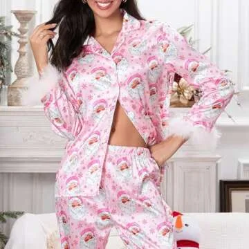 Luckinbaby Women Christmas Pajamas Sets Xmas Feather Trim Long Sleeve Pants Pjs Sleepwear Santa Claus Printed Nightwear(B Santa Pink Feather,S)