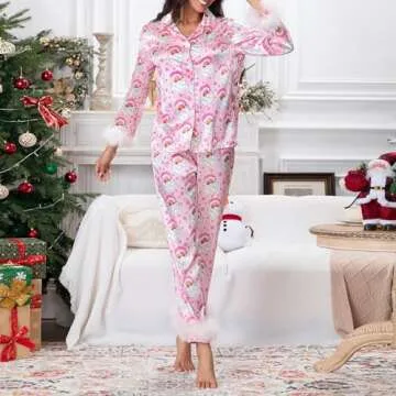 Luckinbaby Women Christmas Pajamas Sets Xmas Feather Trim Long Sleeve Pants Pjs Sleepwear Santa Claus Printed Nightwear(B Santa Pink Feather,S)
