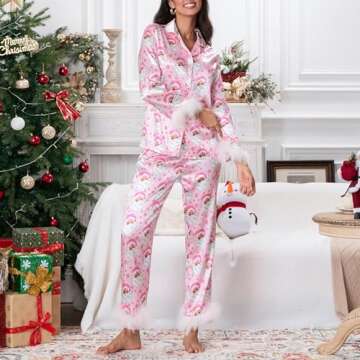 Luckinbaby Women Christmas Pajamas Sets Xmas Feather Trim Long Sleeve Pants Pjs Sleepwear Santa Claus Printed Nightwear(B Santa Pink Feather,S)