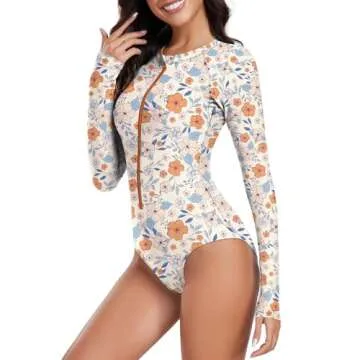 Century Star Long Sleeve Swimsuits for Women 2024 Rash Guard UPF 50+ One Piece Surfing Modest Full Coverage Zipper High Neck Cute Athletic Sporty Bathing Suit Swimwear Orange Flower 8-10