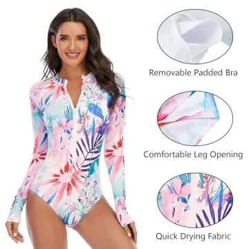 Century Star Long Sleeve Swimsuits for Women 2024 Rash Guard UPF 50+ One Piece Surfing Modest Full Coverage Zipper High Neck Cute Athletic Sporty Bathing Suit Swimwear Orange Flower 8-10