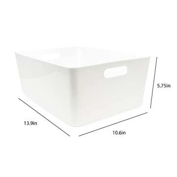 Isaac Jacobs 3-Pack XL White Storage Bin (13.9” x 10.6” x 5.75”) Set w/Cut-Out Handles, Plastic Organizer, Multi-Use, Home, Office, Pantry, Closet, Kitchen