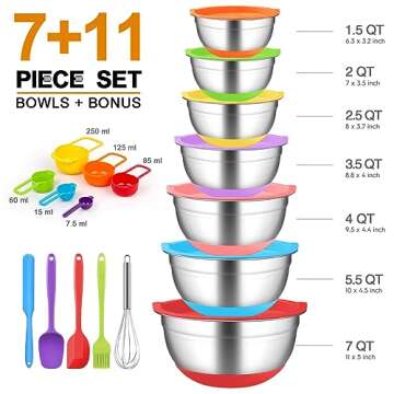 CHAREADA Mixing Bowls with Airtight Lids, 18pcs Stainless Steel Nesting Colorful Mixing Bowls Set Non-slip Silicone Bottom, Size 7, 5.5, 4, 3.5, 2.5, 2, 1.5 qt, Fit for Mixing & Serving
